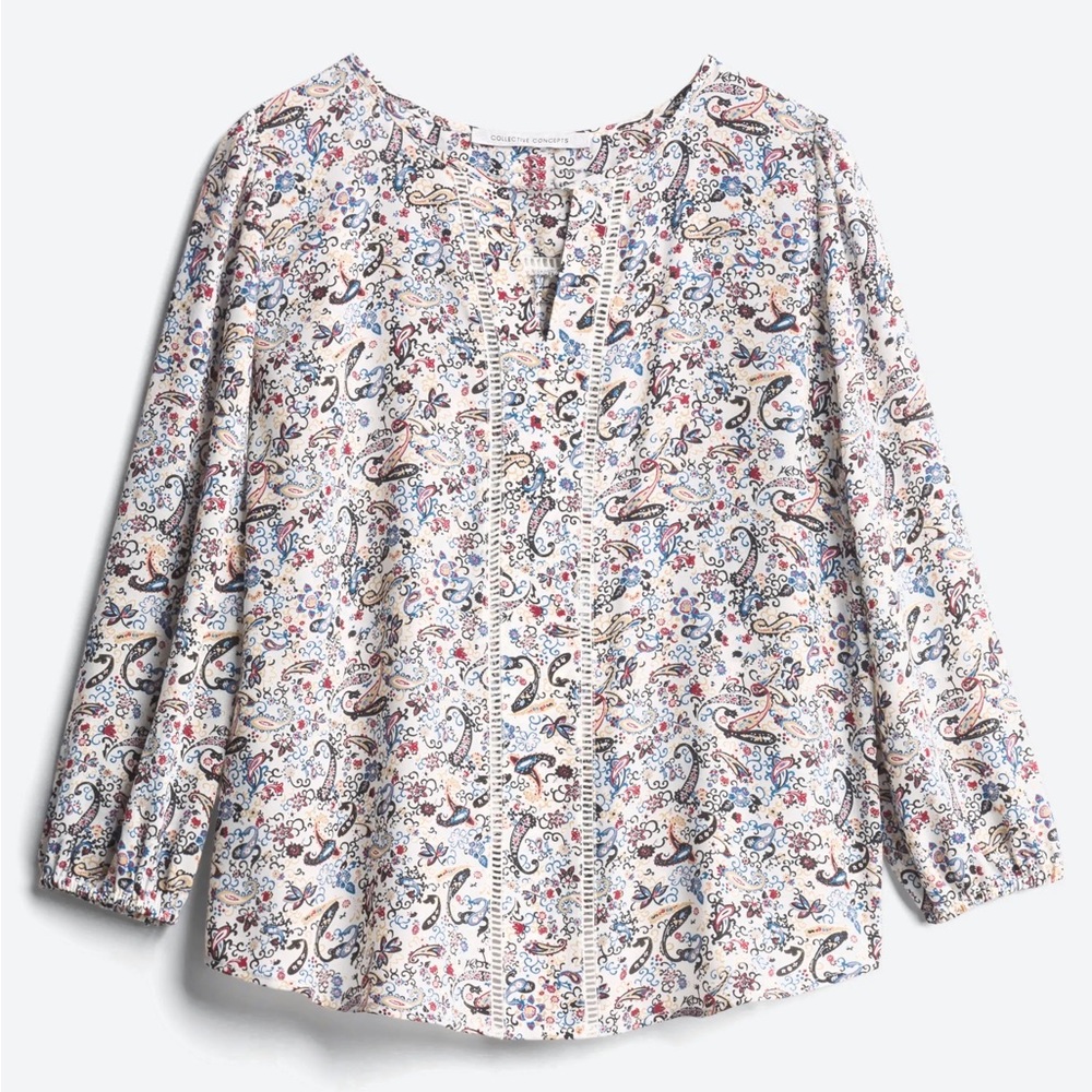 Collective Concepts Warner Lattice Detail Blouse Size 2X White Paisley Flowy